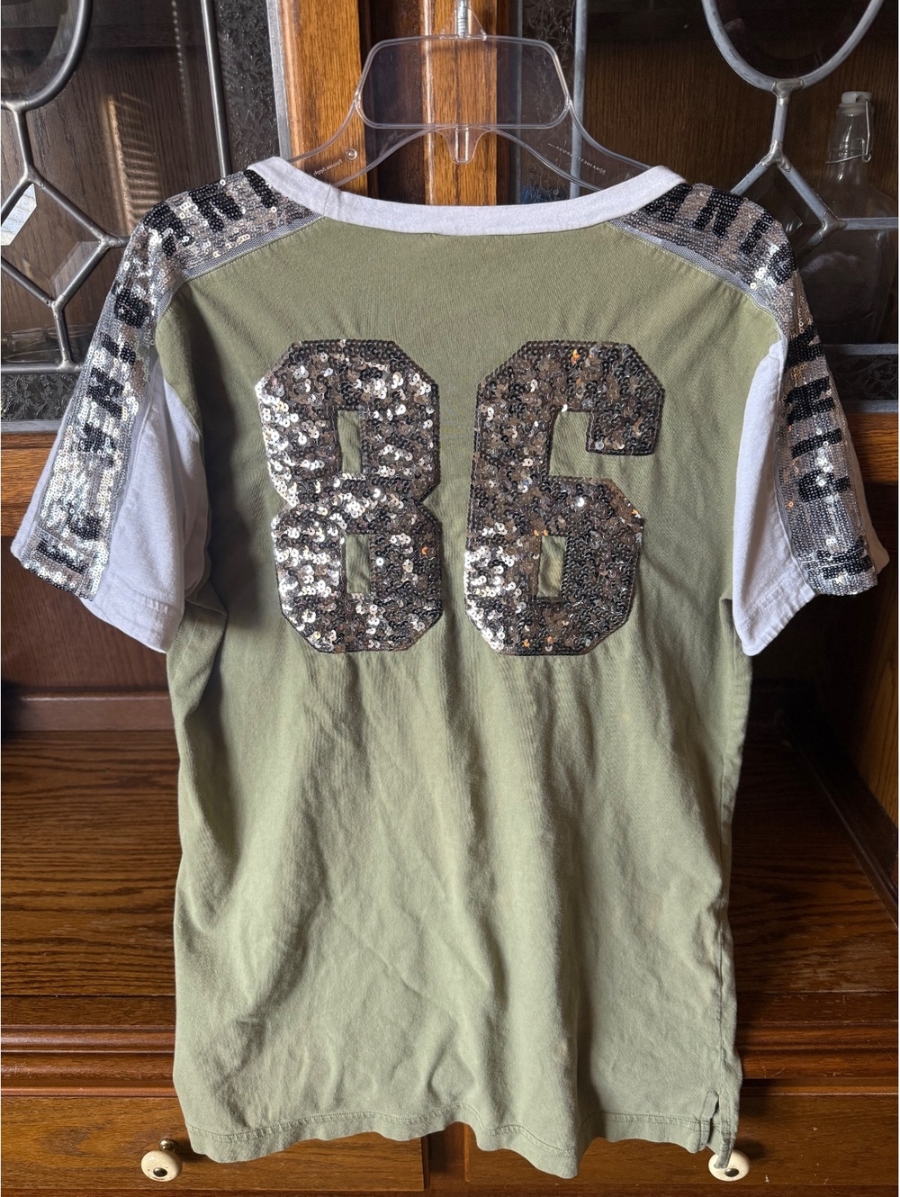 VS PINK Olive Green Sequin 86 Tee Dog Logo Sleeves Y2K Bling XS